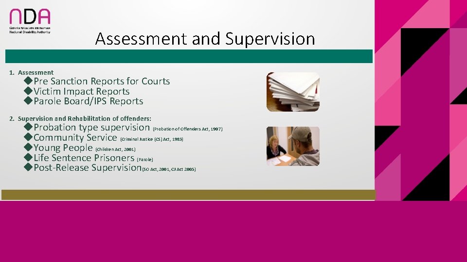 Assessment and Supervision 1. Assessment Pre Sanction Reports for Courts Victim Impact Reports Parole