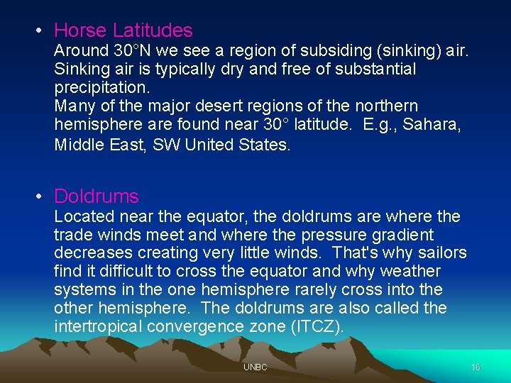  • Horse Latitudes Around 30°N we see a region of subsiding (sinking) air.
