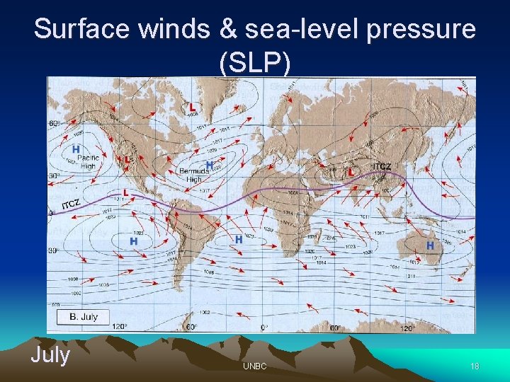 Surface winds & sea-level pressure (SLP) July UNBC 18 