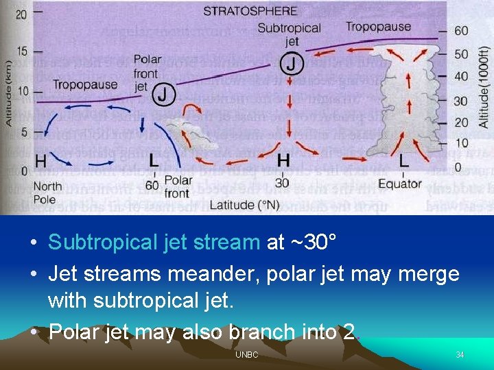  • Subtropical jet stream at ~30° • Jet streams meander, polar jet may