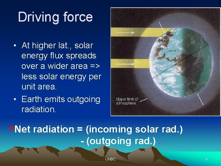 Driving force • At higher lat. , solar energy flux spreads over a wider