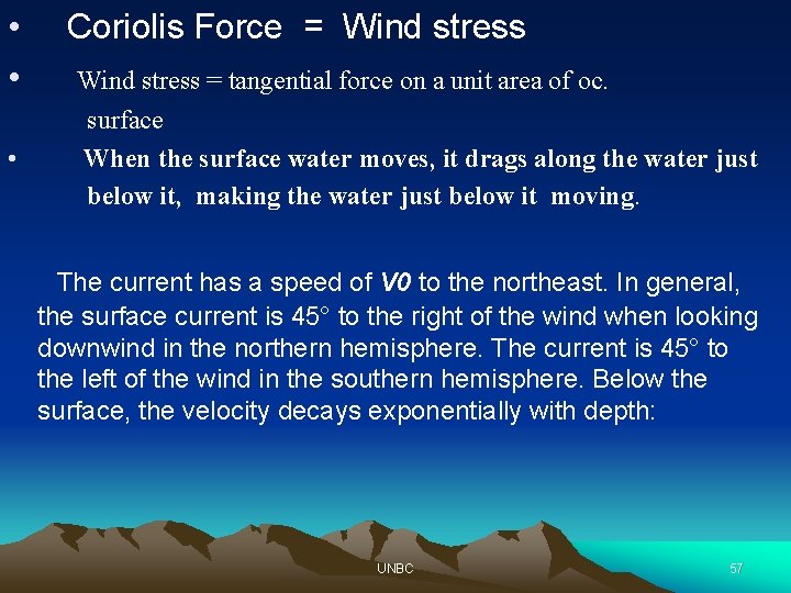  • • • Coriolis Force = Wind stress = tangential force on a