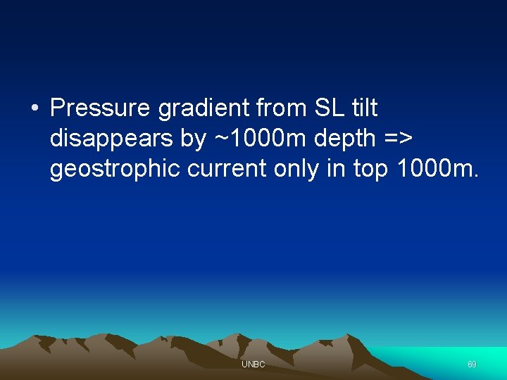  • Pressure gradient from SL tilt disappears by ~1000 m depth => geostrophic