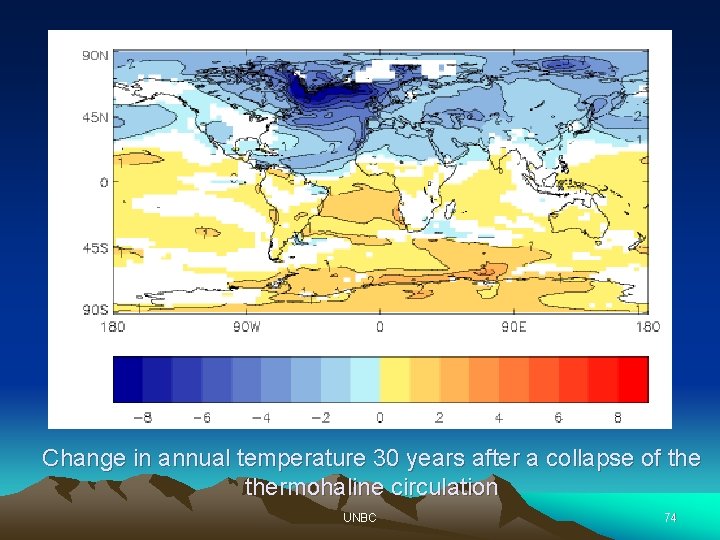 Change in annual temperature 30 years after a collapse of thermohaline circulation UNBC 74