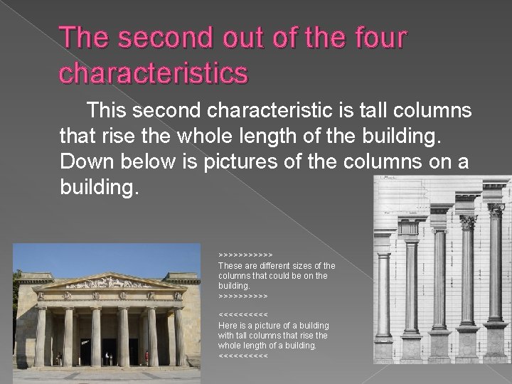 The second out of the four characteristics This second characteristic is tall columns that