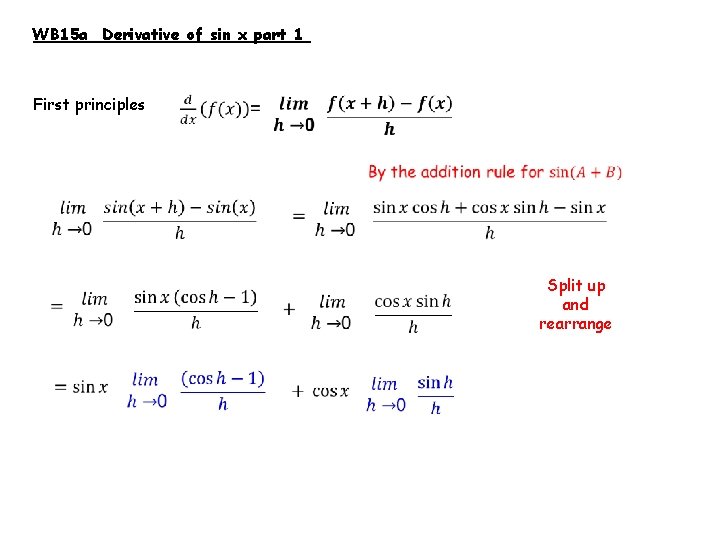 WB 15 a Derivative of sin x part 1 First principles Split up and