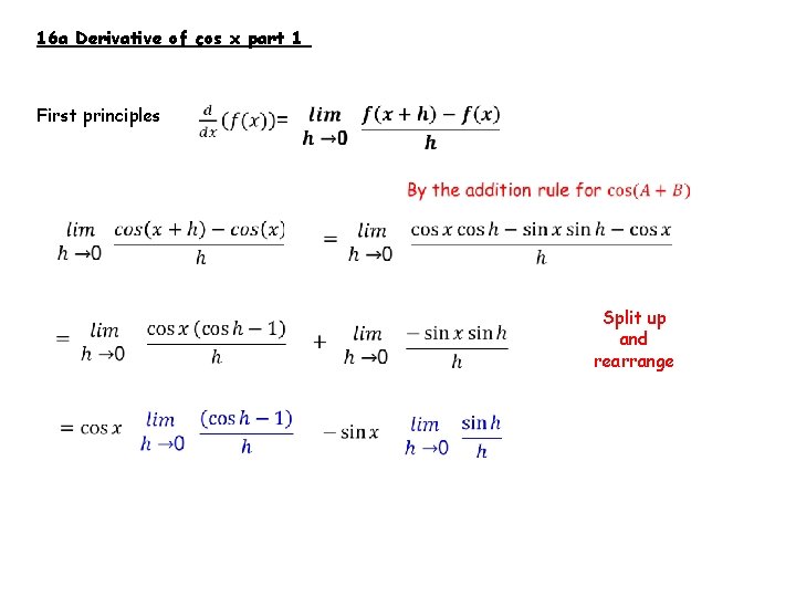 16 a Derivative of cos x part 1 First principles Split up and rearrange