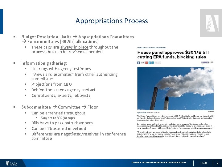 Appropriations Process § Budget Resolution Limits Appropriations Committees Subcommittees [302(b) allocations] § These caps