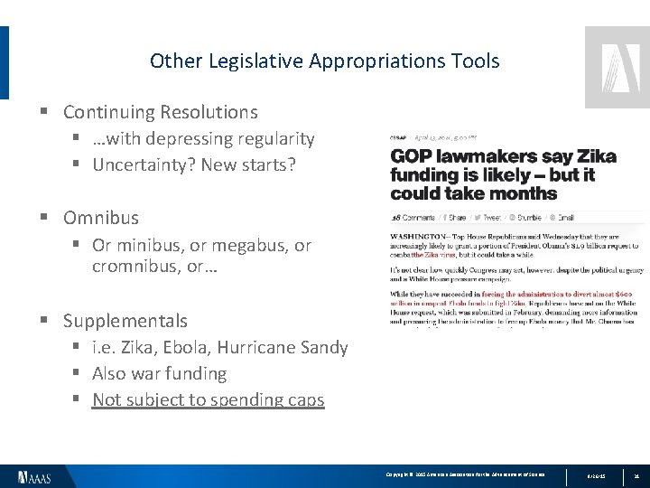 Other Legislative Appropriations Tools § Continuing Resolutions § …with depressing regularity § Uncertainty? New