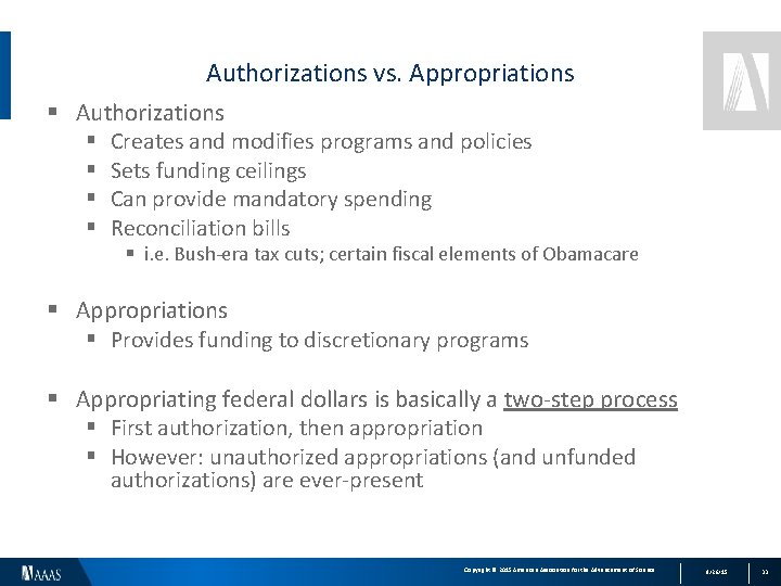 Authorizations vs. Appropriations § Authorizations § Creates and modifies programs and policies § Sets