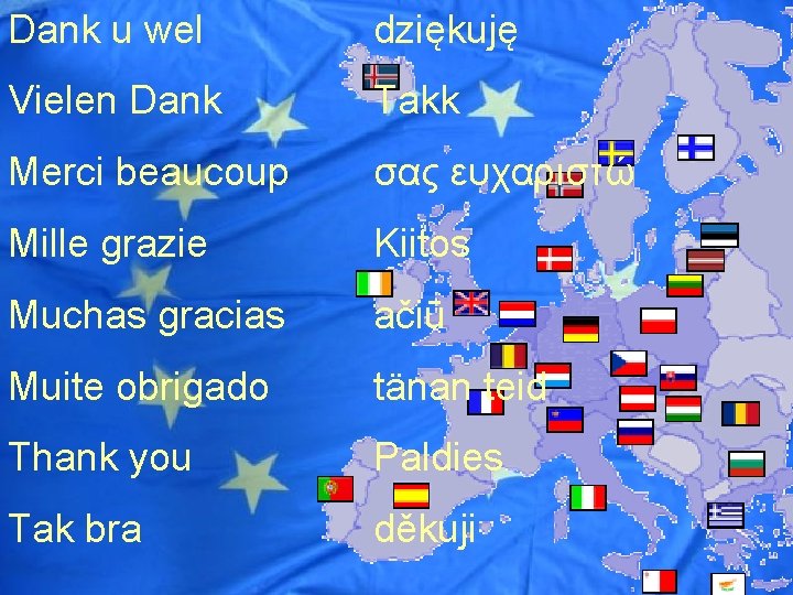 Dank u wel dziękuję Vielen Dank Takk Merci beaucoup σας ευχαριστώ Mille grazie Kiitos