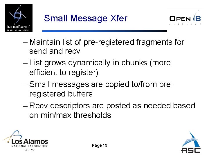 Small Message Xfer – Maintain list of pre-registered fragments for send and recv –