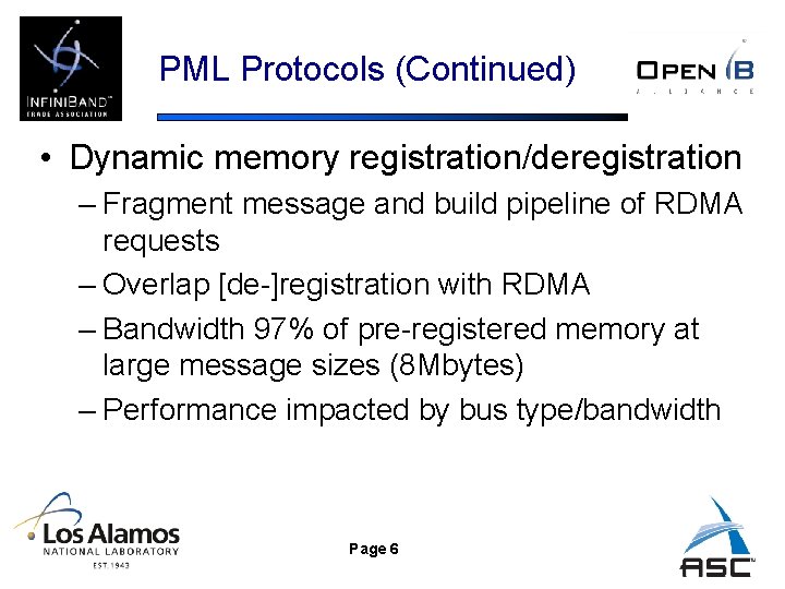 PML Protocols (Continued) • Dynamic memory registration/deregistration – Fragment message and build pipeline of