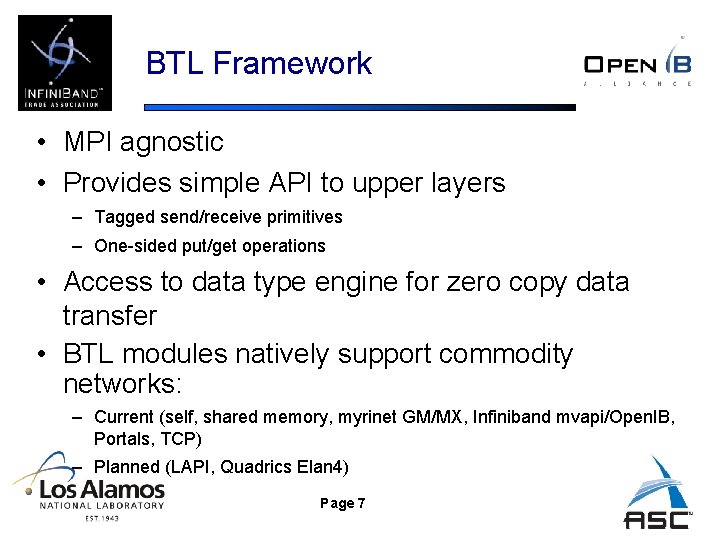 BTL Framework • MPI agnostic • Provides simple API to upper layers – Tagged