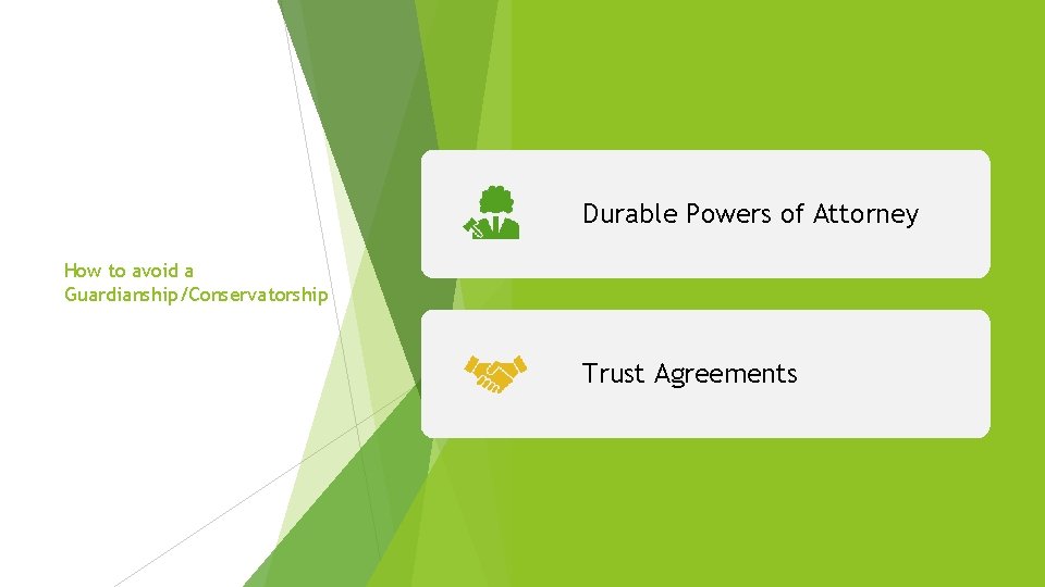 Durable Powers of Attorney How to avoid a Guardianship/Conservatorship Trust Agreements 