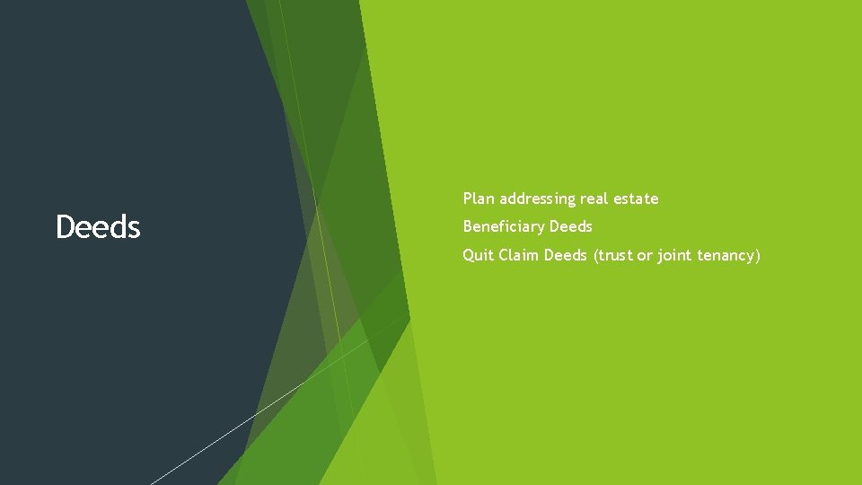 Deeds Plan addressing real estate Beneficiary Deeds Quit Claim Deeds (trust or joint tenancy)