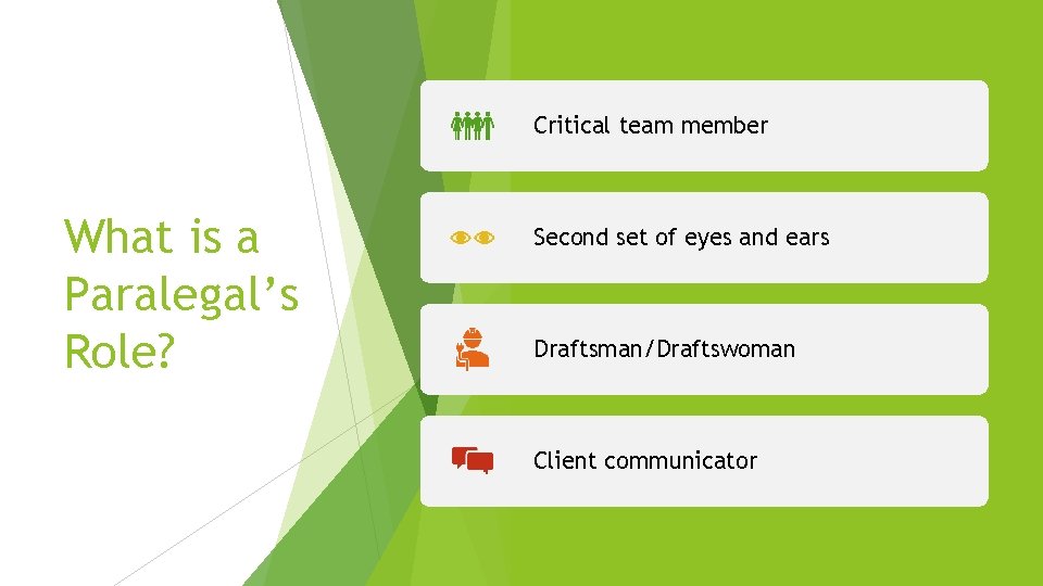 Critical team member What is a Paralegal’s Role? Second set of eyes and ears