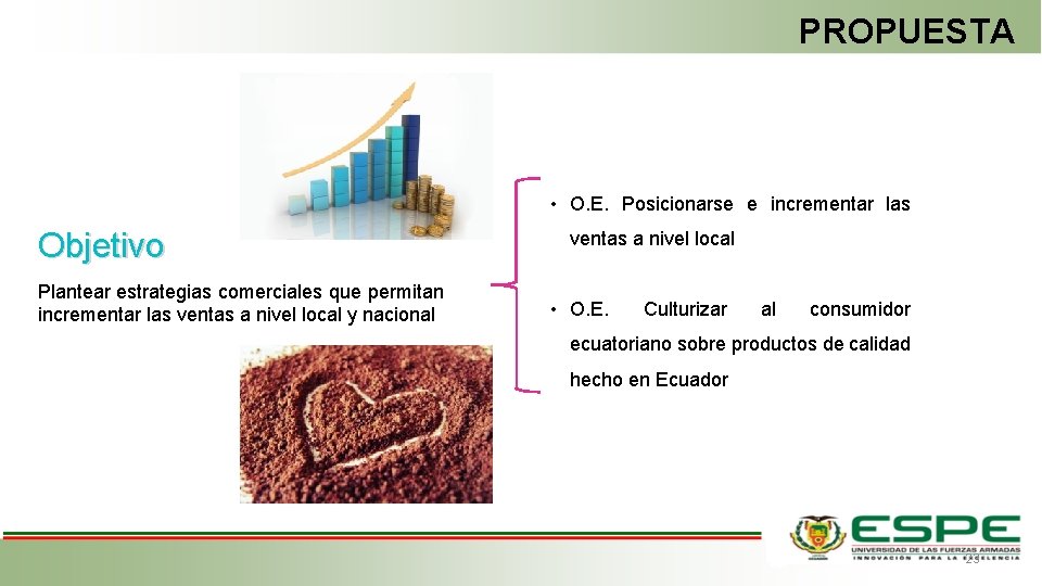 PROPUESTA • O. E. Posicionarse e incrementar las Objetivo Plantear estrategias comerciales que permitan