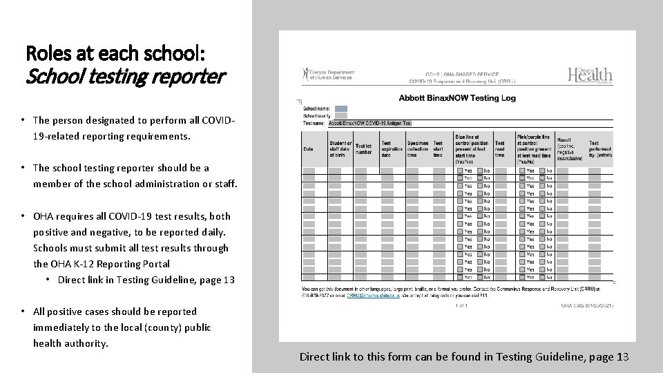 Roles at each school: School testing reporter • The person designated to perform all
