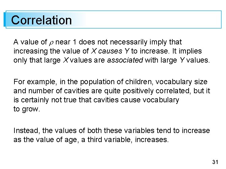 Correlation A value of near 1 does not necessarily imply that increasing the value