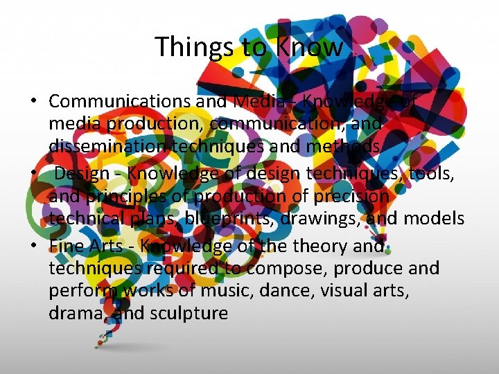 Things to Know • Communications and Media - Knowledge of media production, communication, and