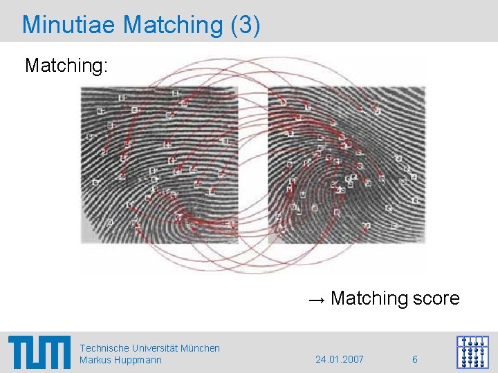 Minutiae Matching (3) Matching: → Matching score Technische Universität München Markus Huppmann 24. 01.