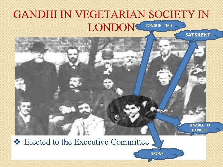 GANDHI IN VEGETARIAN SOCIETY IN LONDON SAT SILENT TONGUE - TIED UNABLE TO EXPRESS