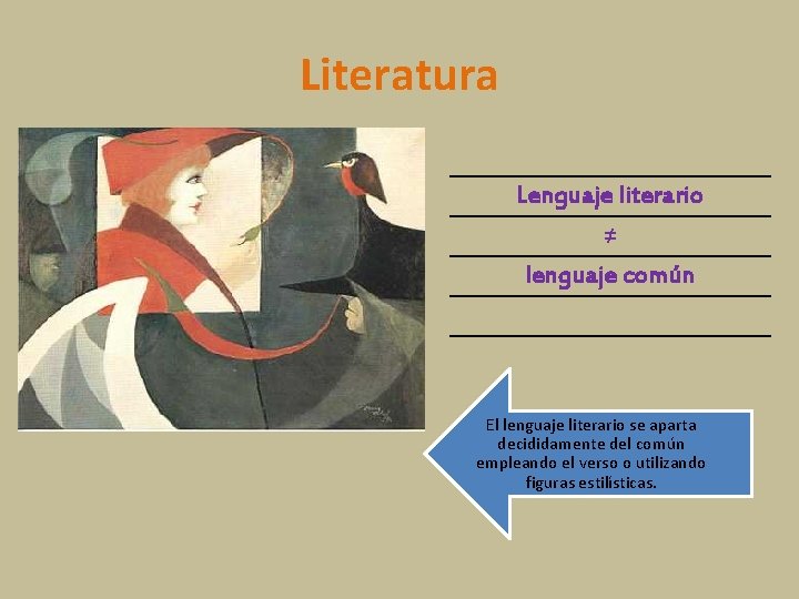 Literatura Lenguaje literario ≠ lenguaje común El lenguaje literario se aparta decididamente del común