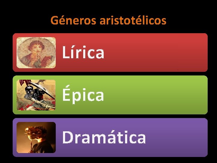 Géneros aristotélicos Lírica Épica Dramática 