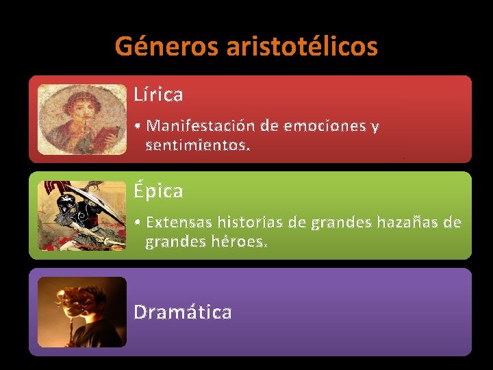 Géneros aristotélicos Lírica • Manifestación de emociones y sentimientos. Épica • Extensas historias de