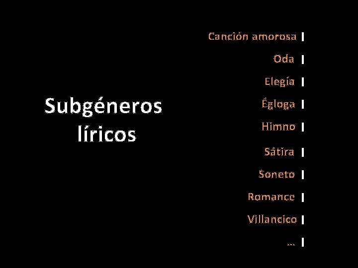 Canción amorosa Oda Elegía Subgéneros líricos Égloga Himno Sátira Soneto Romance Villancico … 