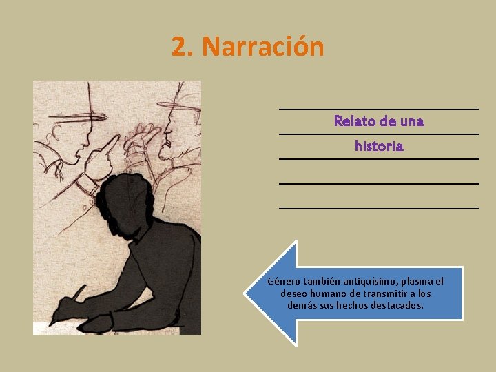 2. Narración Relato de una historia Género también antiquísimo, plasma el deseo humano de