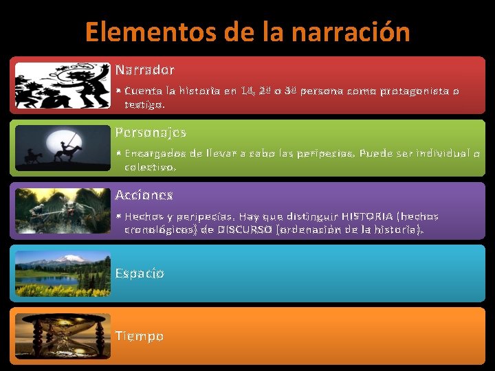 Elementos de la narración Narrador • Cuenta la historia en 1ª, 2ª o 3ª