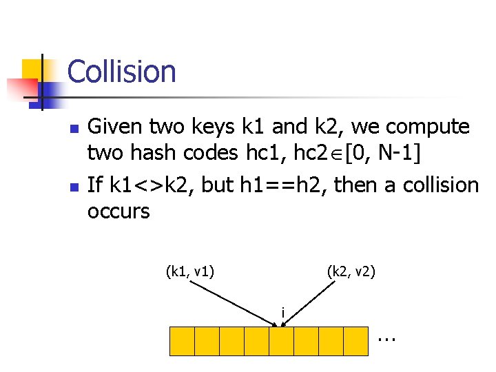 Collision n n Given two keys k 1 and k 2, we compute two