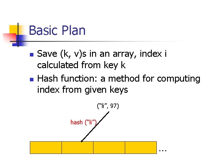 Basic Plan n n Save (k, v)s in an array, index i calculated from