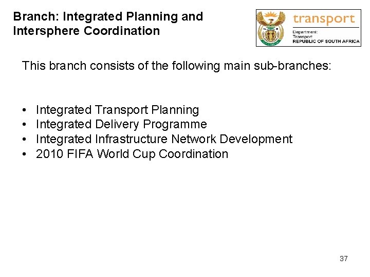 Branch: Integrated Planning and Intersphere Coordination This branch consists of the following main sub-branches: