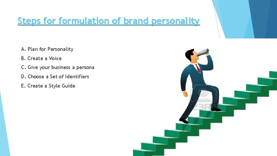 Steps formulation of brand personality A. Plan for Personality B. Create a Voice C.