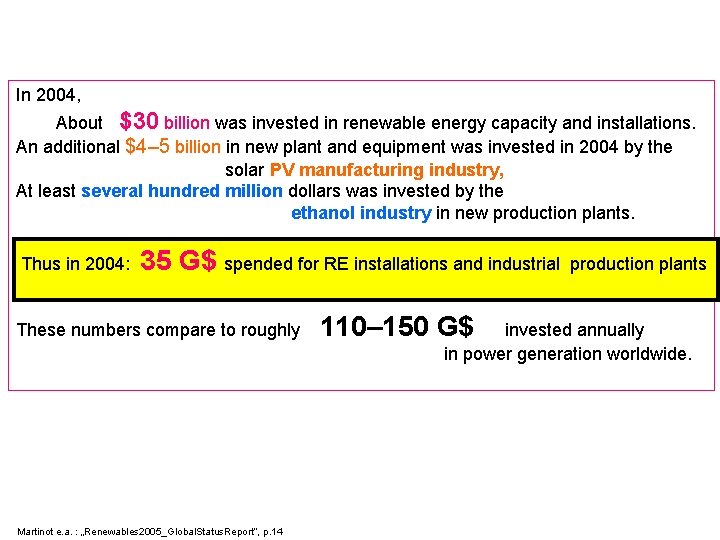 In 2004, About $30 billion was invested in renewable energy capacity and installations. An