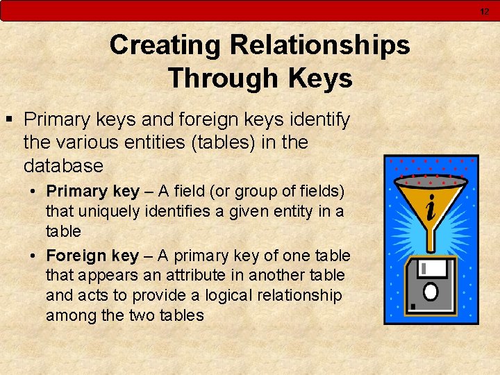 12 Creating Relationships Through Keys § Primary keys and foreign keys identify the various 12 Creating Relationships Through Keys § Primary keys and foreign keys identify the various