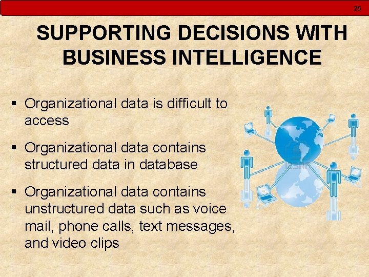 25 SUPPORTING DECISIONS WITH BUSINESS INTELLIGENCE § Organizational data is difficult to access § 25 SUPPORTING DECISIONS WITH BUSINESS INTELLIGENCE § Organizational data is difficult to access §