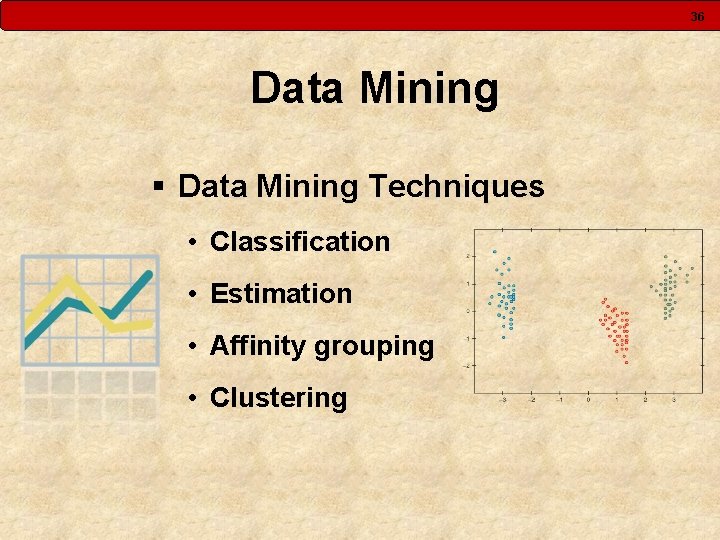36 Data Mining § Data Mining Techniques • Classification • Estimation • Affinity grouping 36 Data Mining § Data Mining Techniques • Classification • Estimation • Affinity grouping