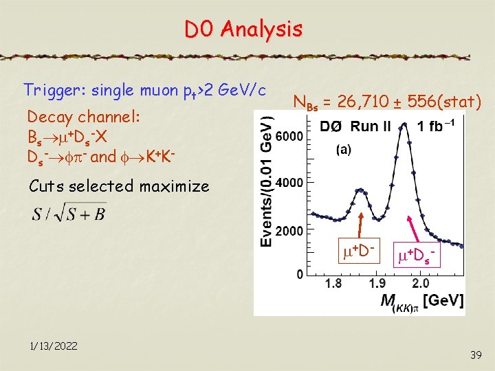 D 0 Analysis Trigger: single muon pt>2 Ge. V/c Decay channel: Bs +Ds-X Ds-