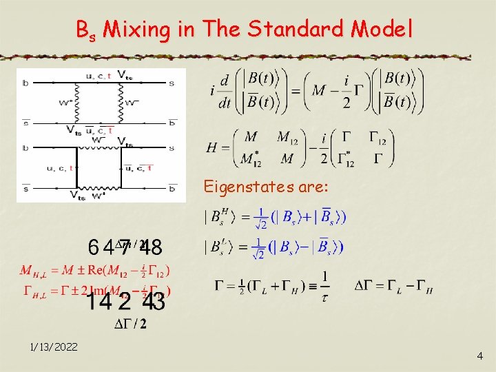 Bs Mixing in The Standard Model Eigenstates are: 1/13/2022 4 