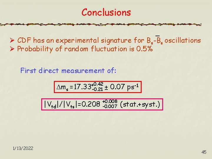 Conclusions Ø CDF has an experimental signature for Bs-Bs oscillations Ø Probability of random