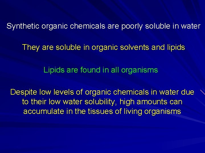 Synthetic organic chemicals are poorly soluble in water They are soluble in organic solvents