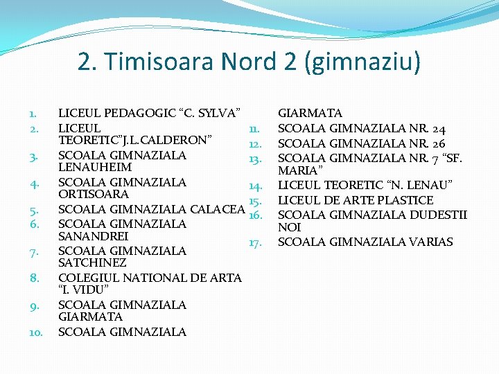 2. Timisoara Nord 2 (gimnaziu) 1. 2. 3. 4. 5. 6. 7. 8. 9.