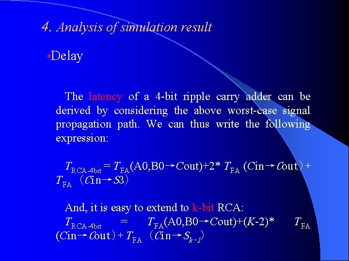 4. Analysis of simulation result • Delay The latency of a 4 -bit ripple