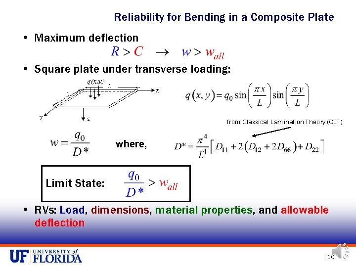 Reliability for Bending in a Composite Plate • Maximum deflection • Square plate under