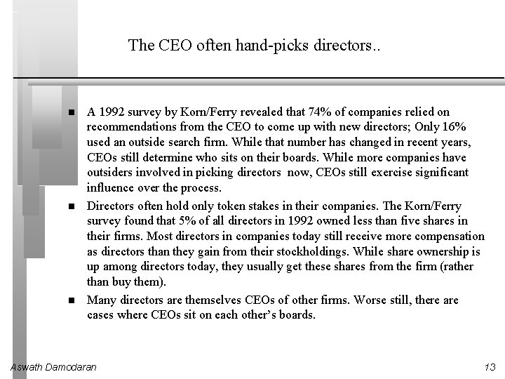 The CEO often hand-picks directors. . A 1992 survey by Korn/Ferry revealed that 74%