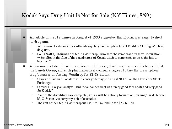 Kodak Says Drug Unit Is Not for Sale (NY Times, 8/93) An article in